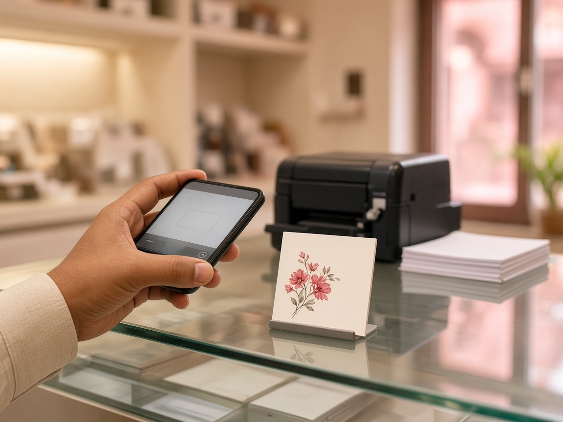 A customer holds a phone toward the card on a print-shop counter, with a printer behind the glass.