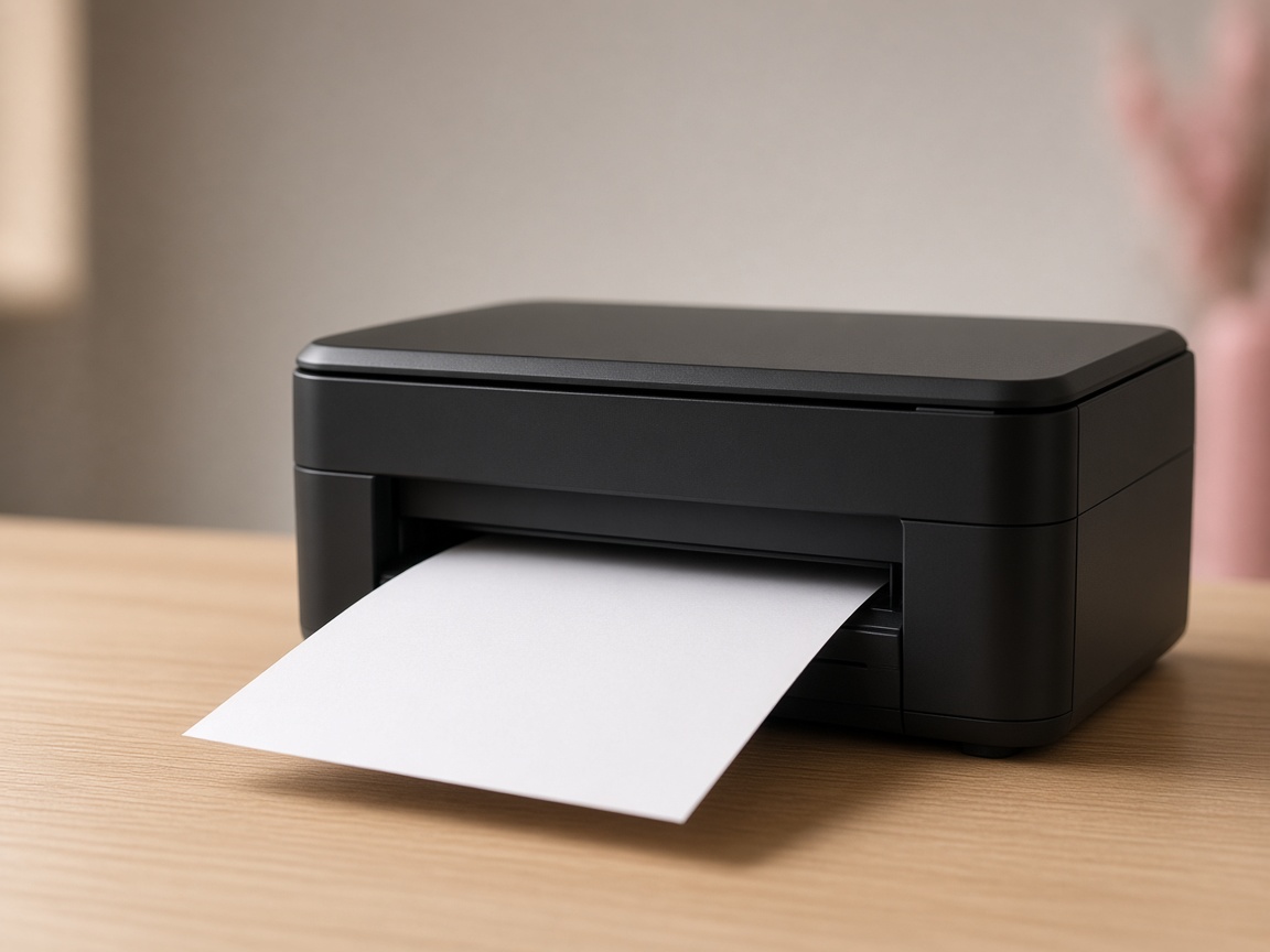 A page coming out of a compact black printer on a shop counter.